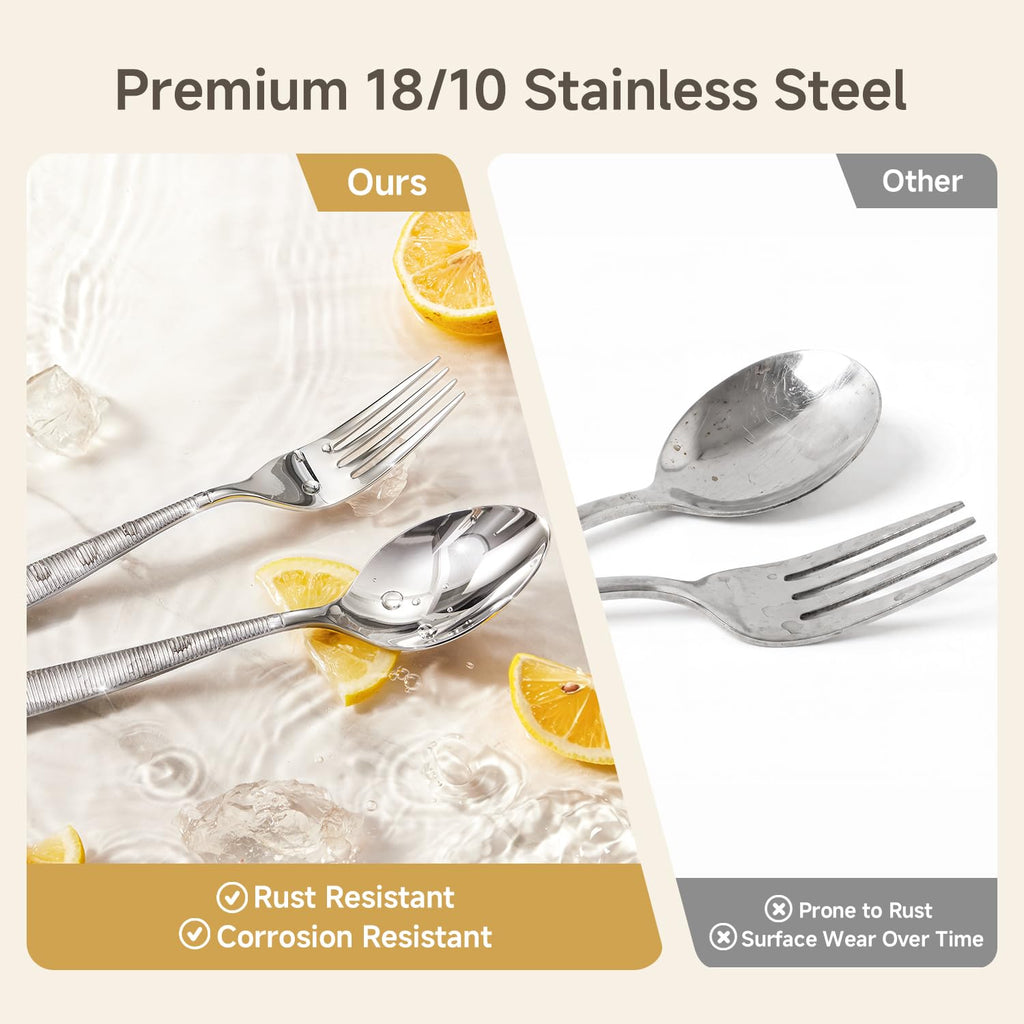 60-Piece Ribbed Silverware Set, 18/10 Stainless Steel Flatware