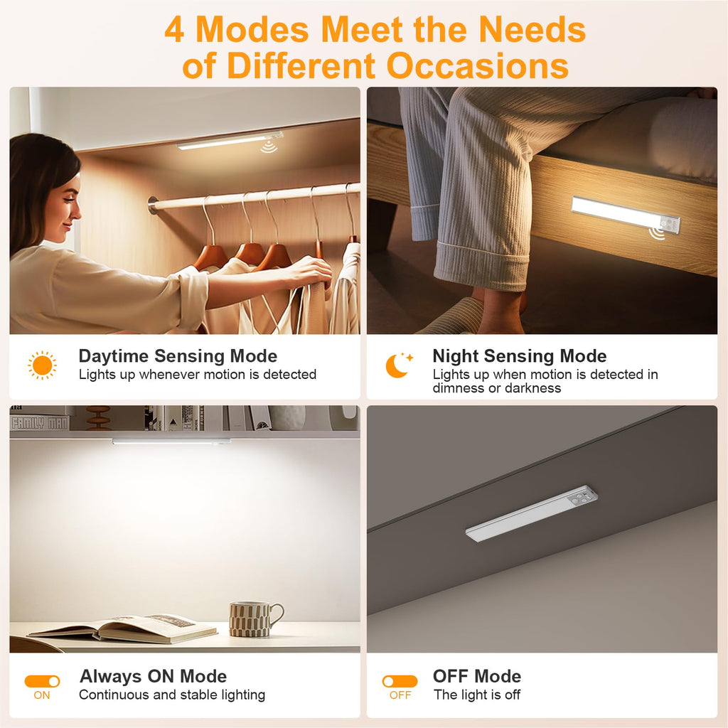 Under Cabinet Lighting 10.2inch,2 Pack Eye Caring 3-Color 4 Working Modes Dimmable Motion Sensor Light