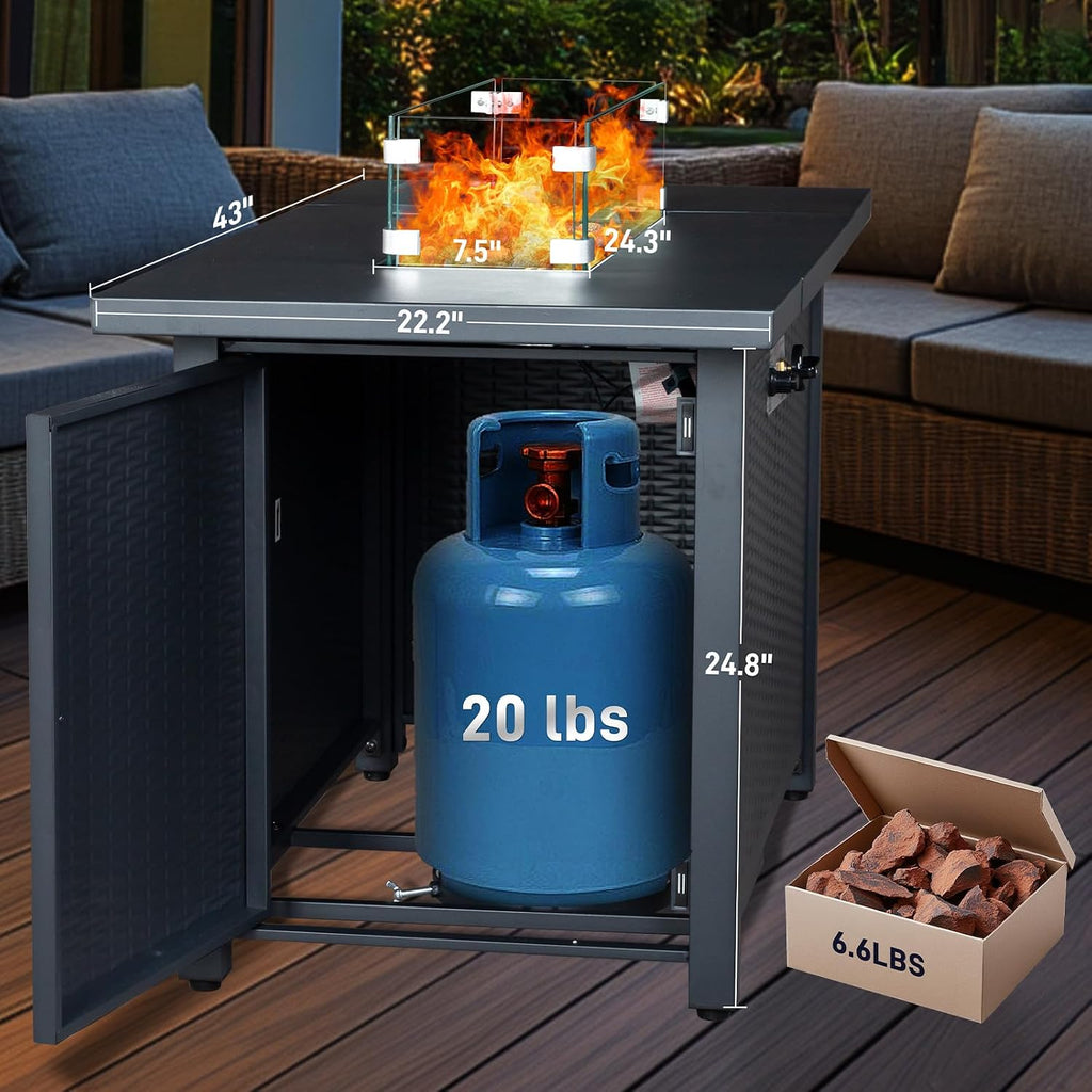 Fire Pit Table, 43" 50,000 BTU Rectangle Metal Propane Fire Table with Lid, Lava Rocks