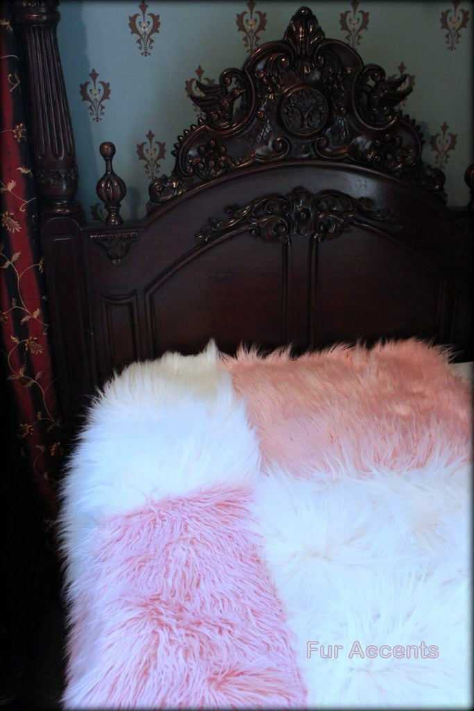 Premium Faux Fur Queen Size Bedspread,Throw Blanket, Shaggy Faux Fur, Pink and White, Patchwork Quilt Squares Other