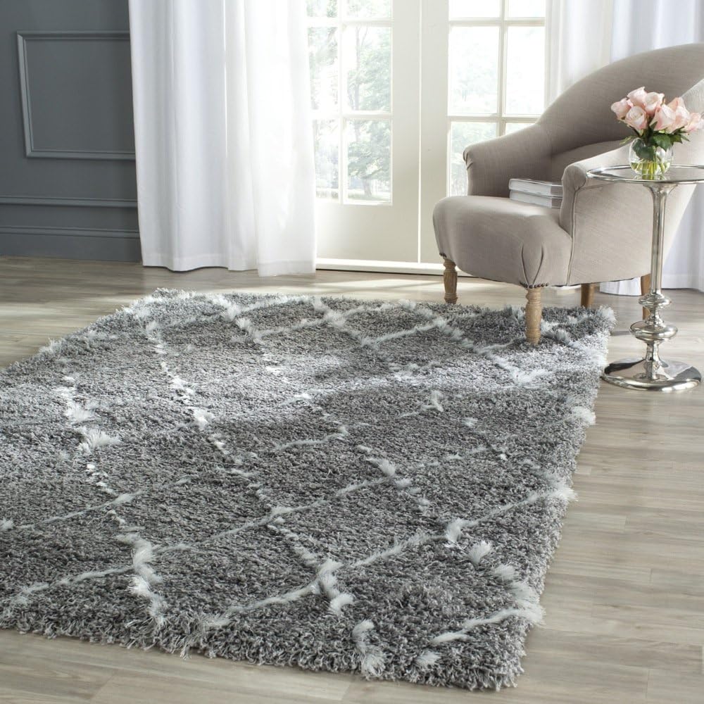 Moroccan Shag Collection Area Rug, Grey & Ivory, Trellis Design, Non-Shedding & Easy Care, 2-inch Thick