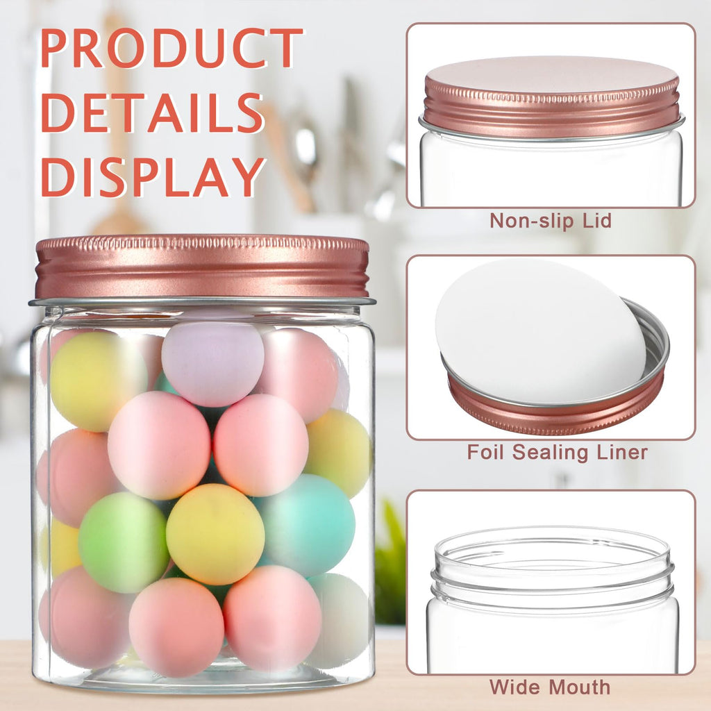 24 Pcs 8 oz Plastic Jars with Lids Clear Round Food Jars with Rose Gold Lids Plastic Mason Jars Stackable Refillable