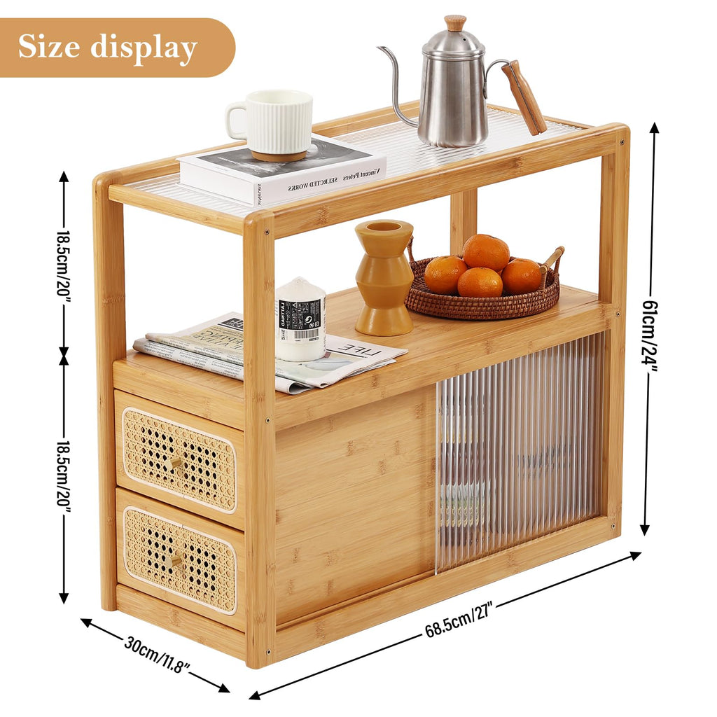 Rattan Nightstand, Bamboo with Glass Top & Storage, Wood