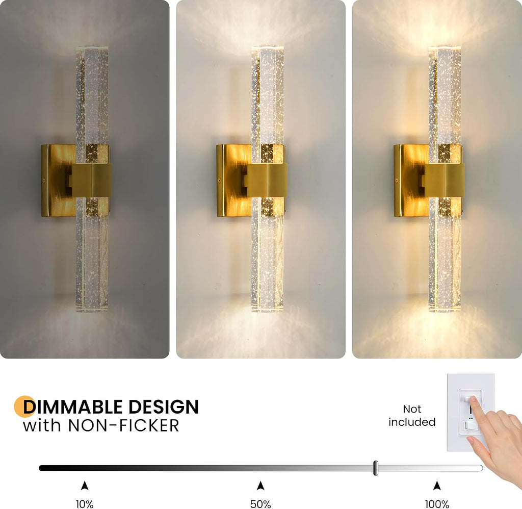 Gold Wall Sconces Set of Two - Bathroom Sconces Wall Lighting 14W Dimmable LED Crystal Wall Light with Bubble Glass