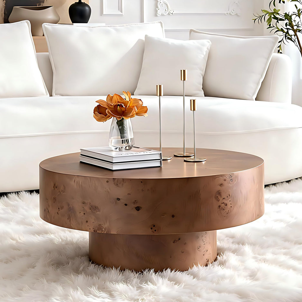 Round Coffee Table Wood, Modern Drum Burl Low Short Coffee Tables 31.49" W X 13.77''h Mid Century Wooden Pedestal