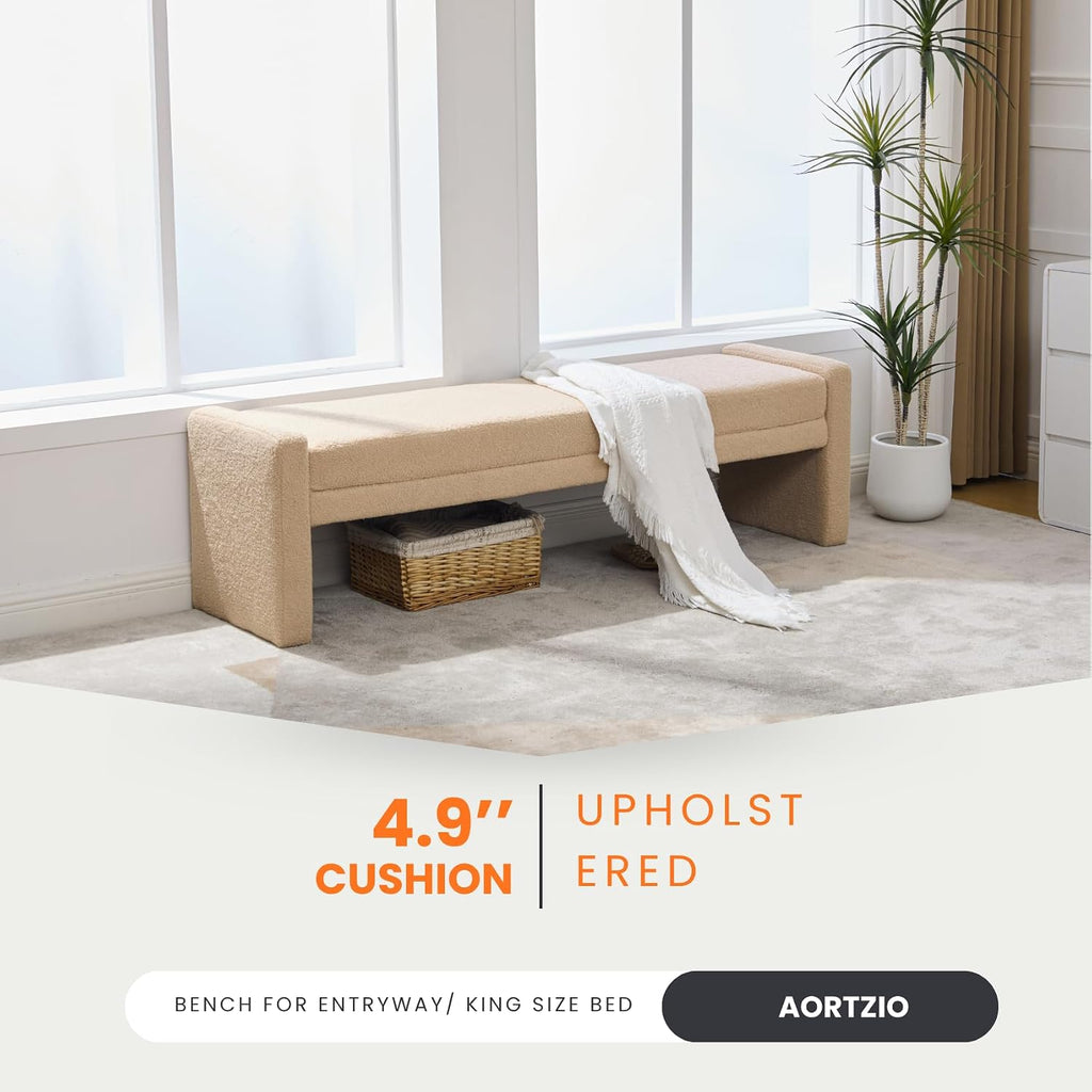 66.9" W Modern Boucle Shoe Bench King Size End of Bed Bench, Wheat. | Shoe Ottoman Upholstered King Size End of Bed