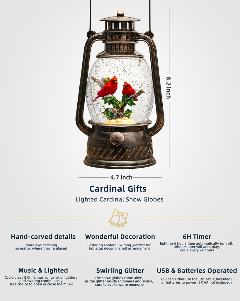 Christmas Snow Globes Cardinal Gifts,Christmas Decorations Cardinal Snow Globe, Musical Lantern Light Up 6H Time