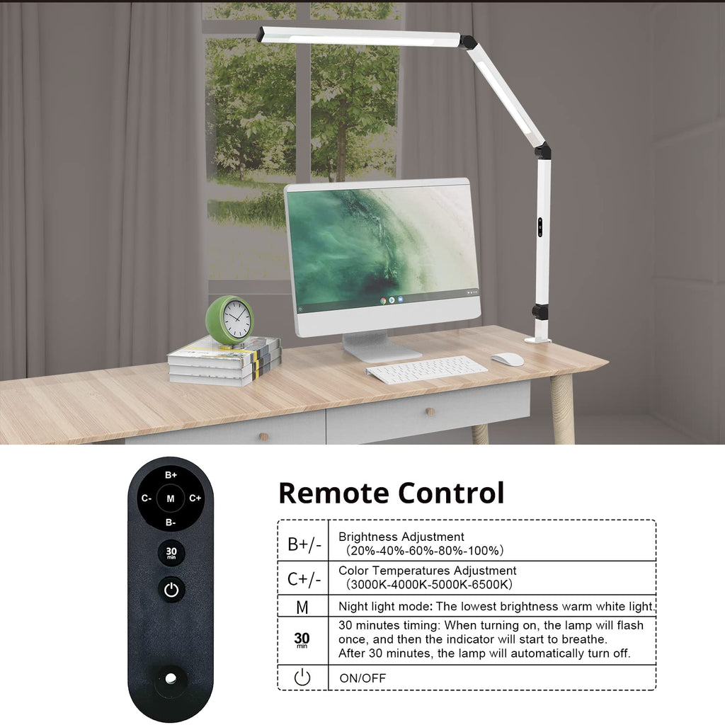 LED Desk Lamp, Architect Clamp Desk Lamp with Remote Control, Adjustable Dimmable Swing Arm Clamp on Table Light