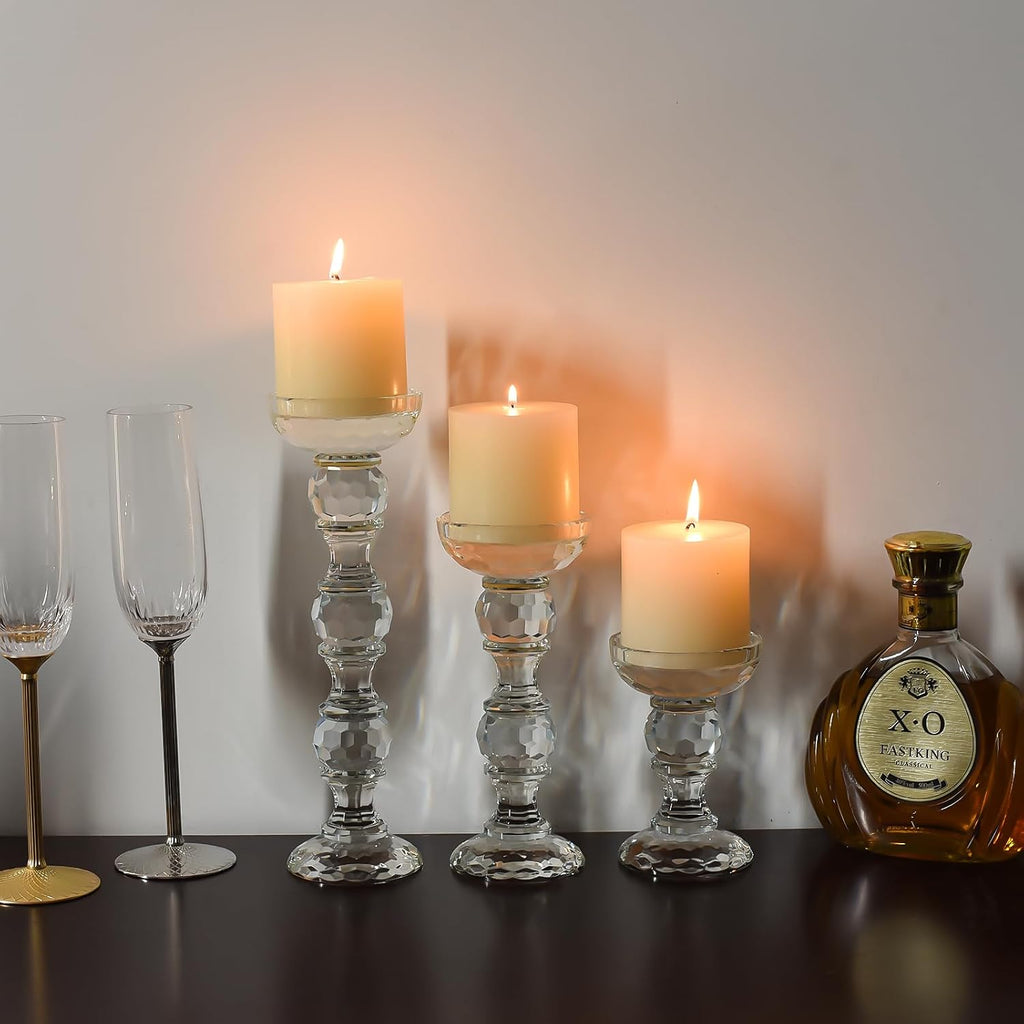 3-Piece Set of Crystal Candlestick,Clear Crystal Pillar Candles Holders,Family Living Room Wedding