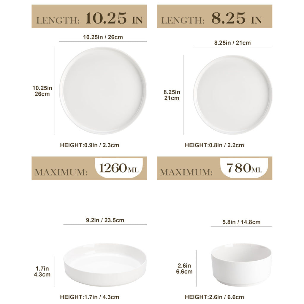 24 Pieces Porcelain Dinnerware Set, Modern White Dish Set for 6, Premium Serving Plates and Bowls Sets, Chip and