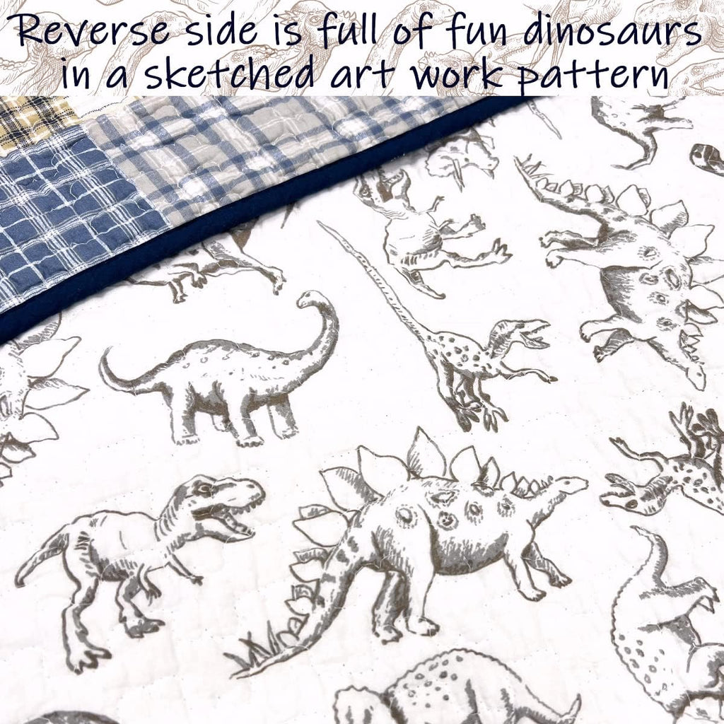 Cute Dinosaur Plaid Navy Blue White Grey Bedding Quilt Set 100% Cotton Reversible Coverlet Bedspread Set for