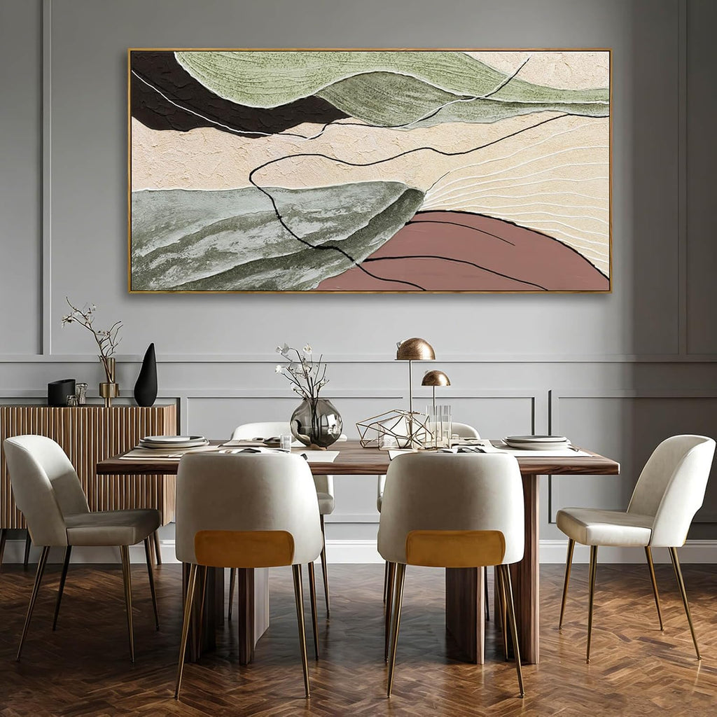 Brown Green Abstract Canvas Wall Art, Framed Beige White Painting, Neutral Black Prints Wall Decor, In Artwork