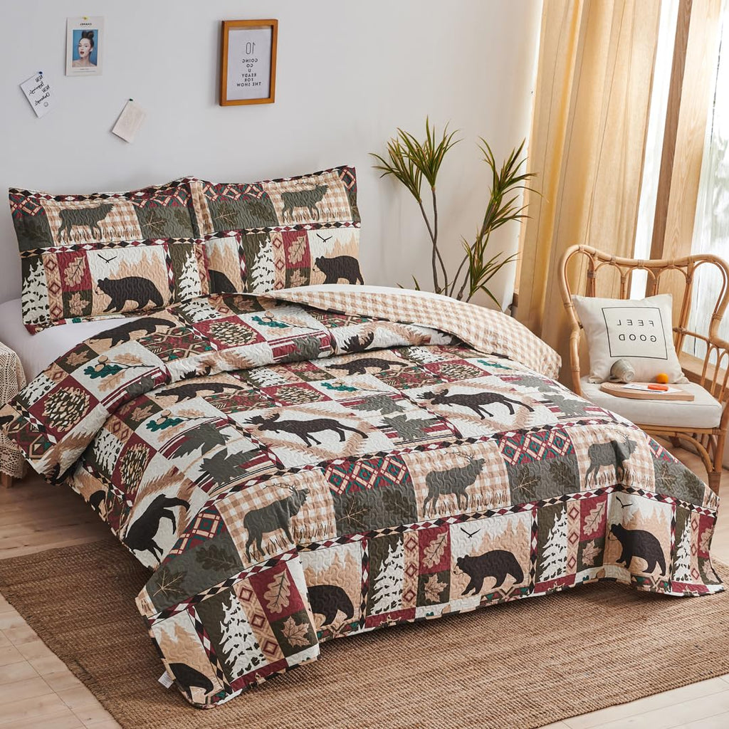 3 Pcs Reversible Rustic Quilt Set Size Moose Bear Bedspread Lodge Bedding Plaid Themed Cabin Coverlet