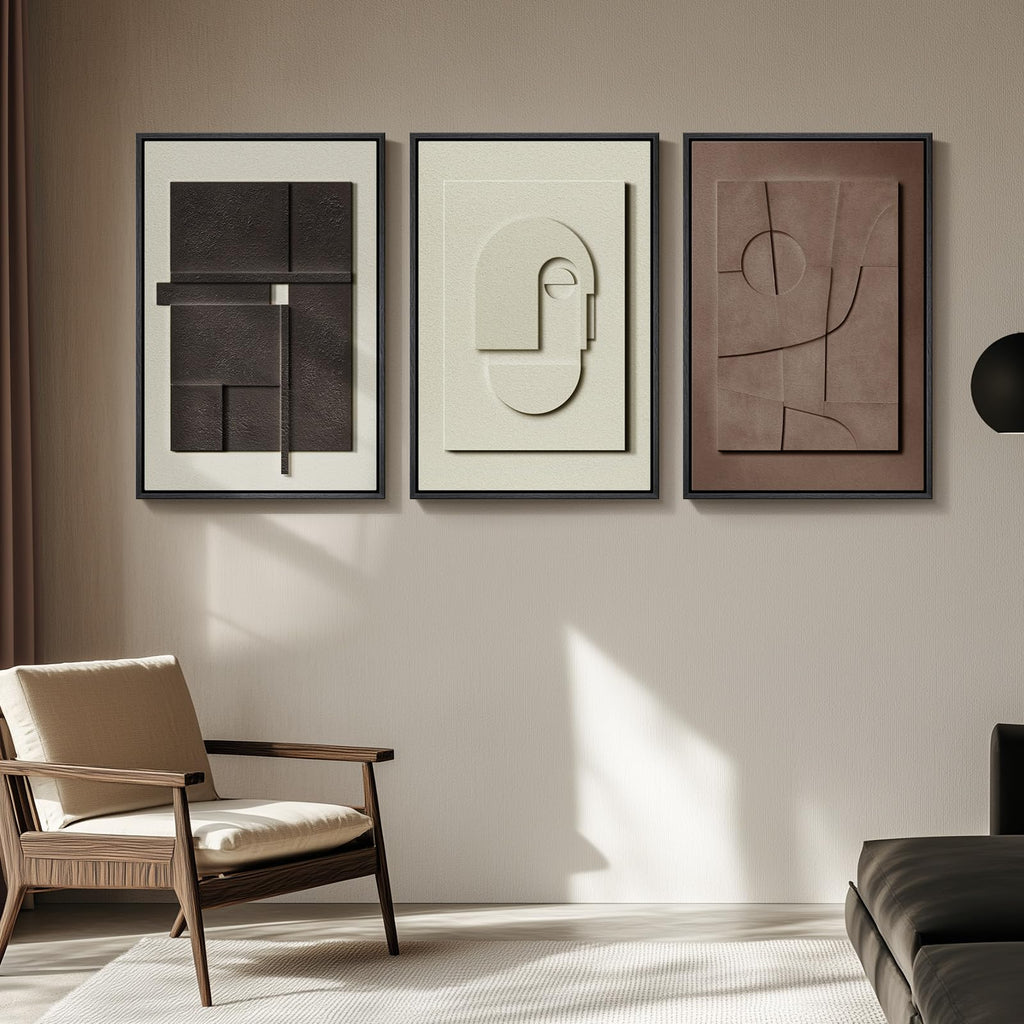 3D Large Framed Brown Abstract Wall Art, 3Piece 24x36 In