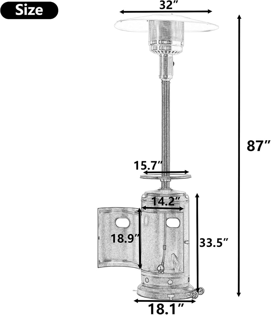 Patio Heater Standing, Outdoor 48000BTU Heater with Adjustable Table and Moving Wheels, 87" Propane Gas Heater for
