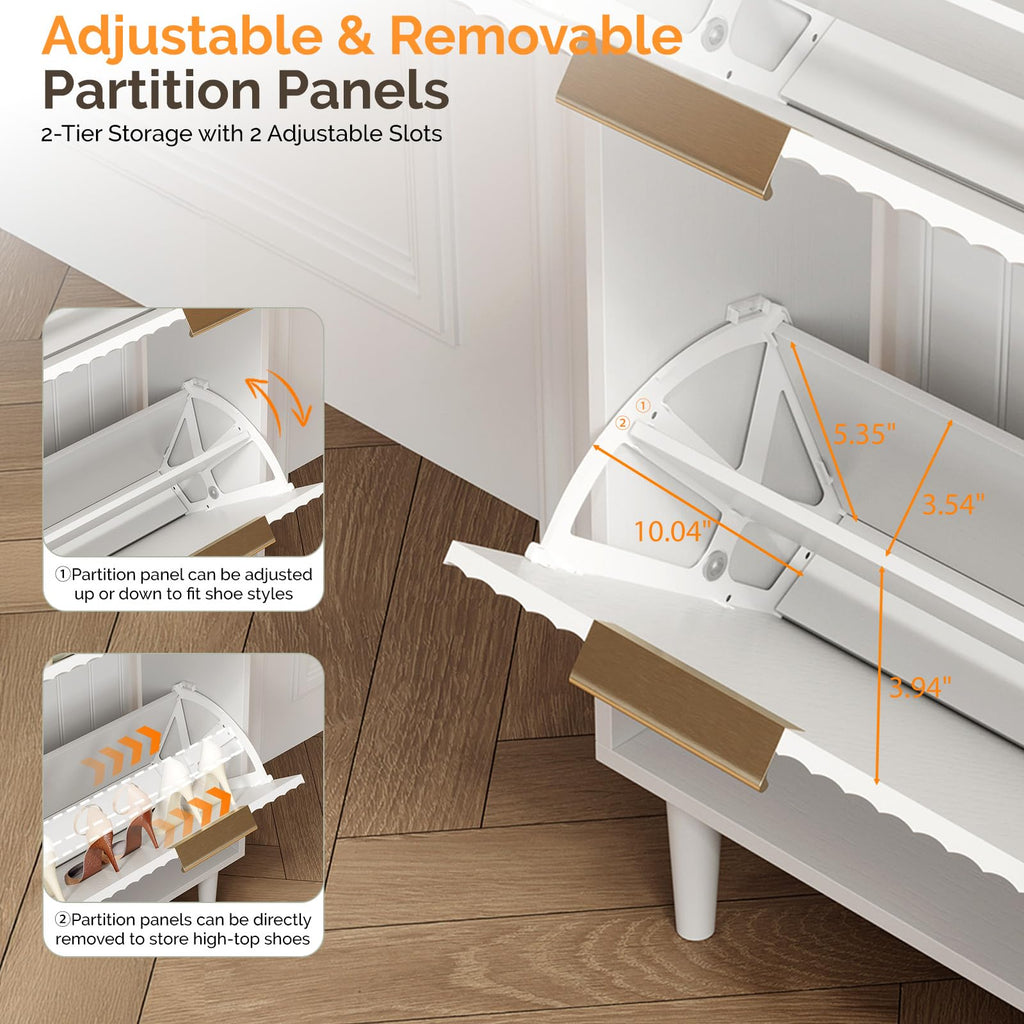 White Fluted Shoe Storage Cabinet with 3 Flip Drawers, Narrow Shoe Organizer with Fluted Panel, Modern Freestanding