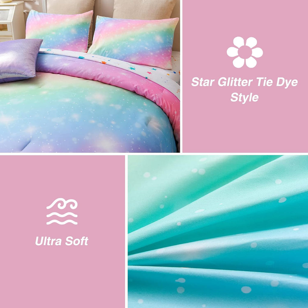 6Pcs Gradient Glitter Bedding Set for Girls Full, Colorful Rainbow Galaxy Comforter Set, Ultra Soft Bedding Sets, Pink