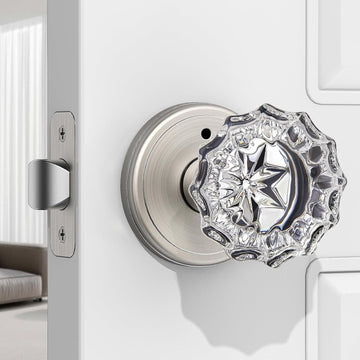 1 Pack Crystal Door Knob, Rosette Shaped Glass Door Knobs Interior with Lock, Satin Nickel Door Knobs Interior Glass