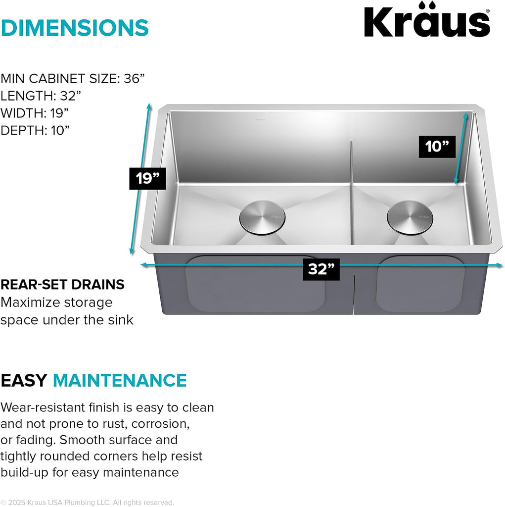 Kitchen Sinks Undermount - 32 Inch Stainless Steel Kitchen Sink, 60/40 Double Bowl, 16 Gauge, Model KHU103-32