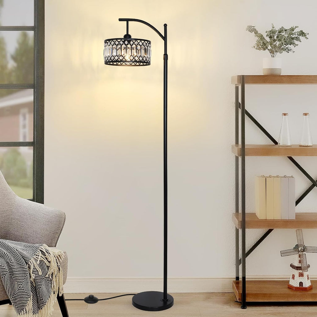 Crystal Floor Lamps, Modern Arc Floor Lamp, Black Standing Lamp with Edison Bulb, Height Adjustable Tall Lamp