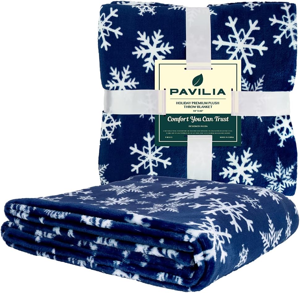 Christmas Throw Blanket | Navy Snowflake Christmas Fleece Blanket | Soft, Plush, Warm Winter Cabin Throw, 50x60