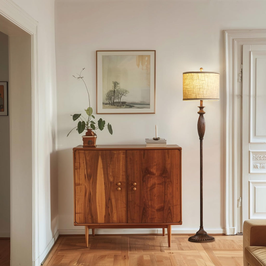 Vintage Floor Lamp, Rustic Standing Lamp with Linen Shade, Dark Wood Grain