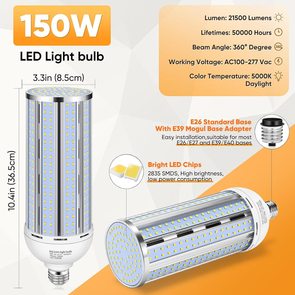 4 Pack 150W Corn LED Light Bulb,Fanless 5000K Daylight(1500 Watt Equivalent) E26/E39 Large Mogul Base LED Cob Lamp