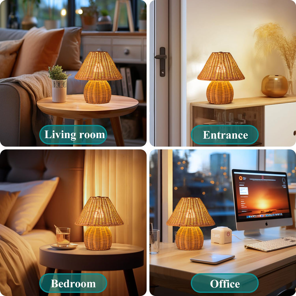 Bamboo Table Lamp Handmade Boho Rattan Bedside Lamp, 3 Colors Adjustable Vintage Wicker Wooden Nightstand Lamp with
