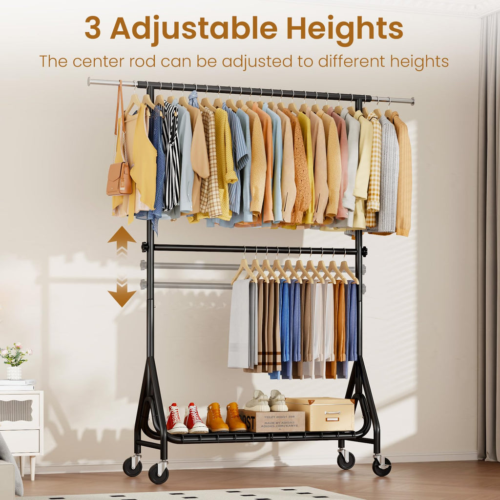 Double Rods Clothing Rack, Heavy Duty Clothes Rack for Hanging Clothes Load 560LBS, Metal Rolling Garment Racks with