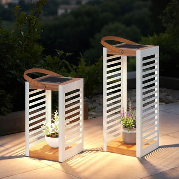 Modern Solar Outdoor Floor Lamp, Waterproof Metal Patio Light with Warm Ambient Glow, Cordless Standing Lantern for