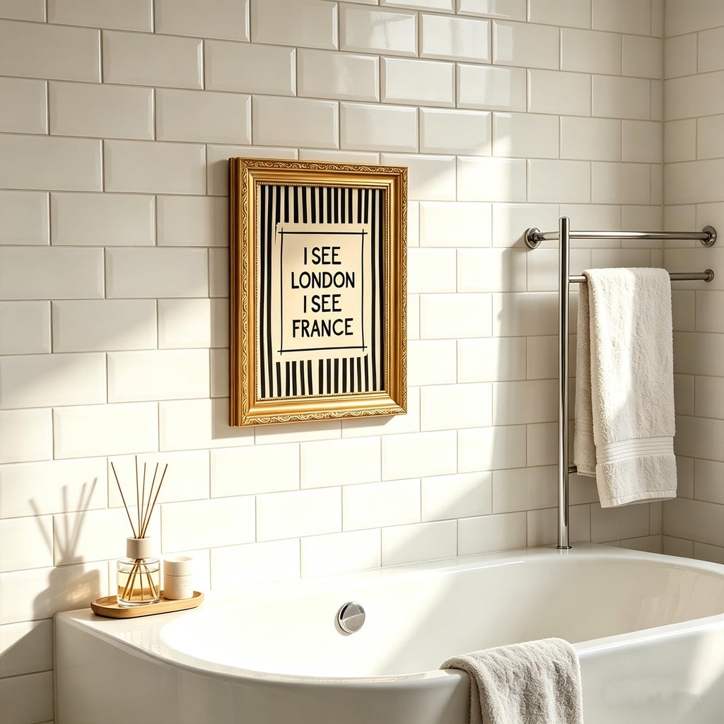 I SEE LONDON I SEE FRANCE Framed Canvas Print, Gold Ornate Wall Art, Funny Quote Bathroom Painting, Retro Black White