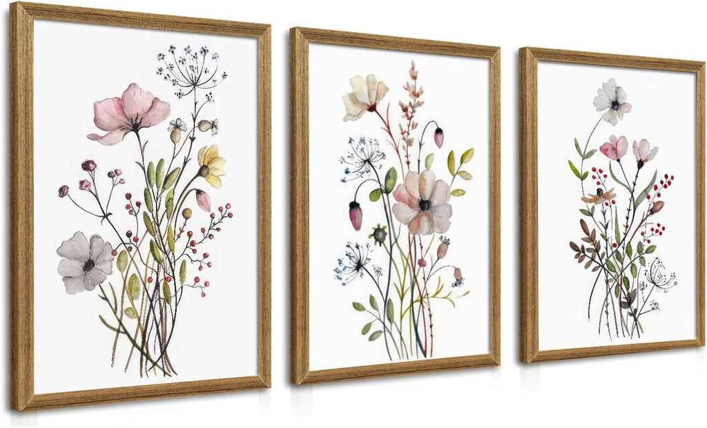 Framed Botanical Canvas Wall Art Set of 3, Watercolor Floral Prints, Framed Flower Wall Decor Bathroom Living Room