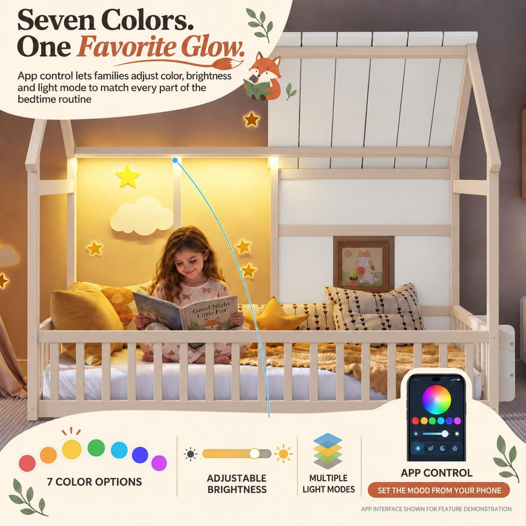 House Floor Bed with Bookshelf and 7-Color LED Lights, Cream+White