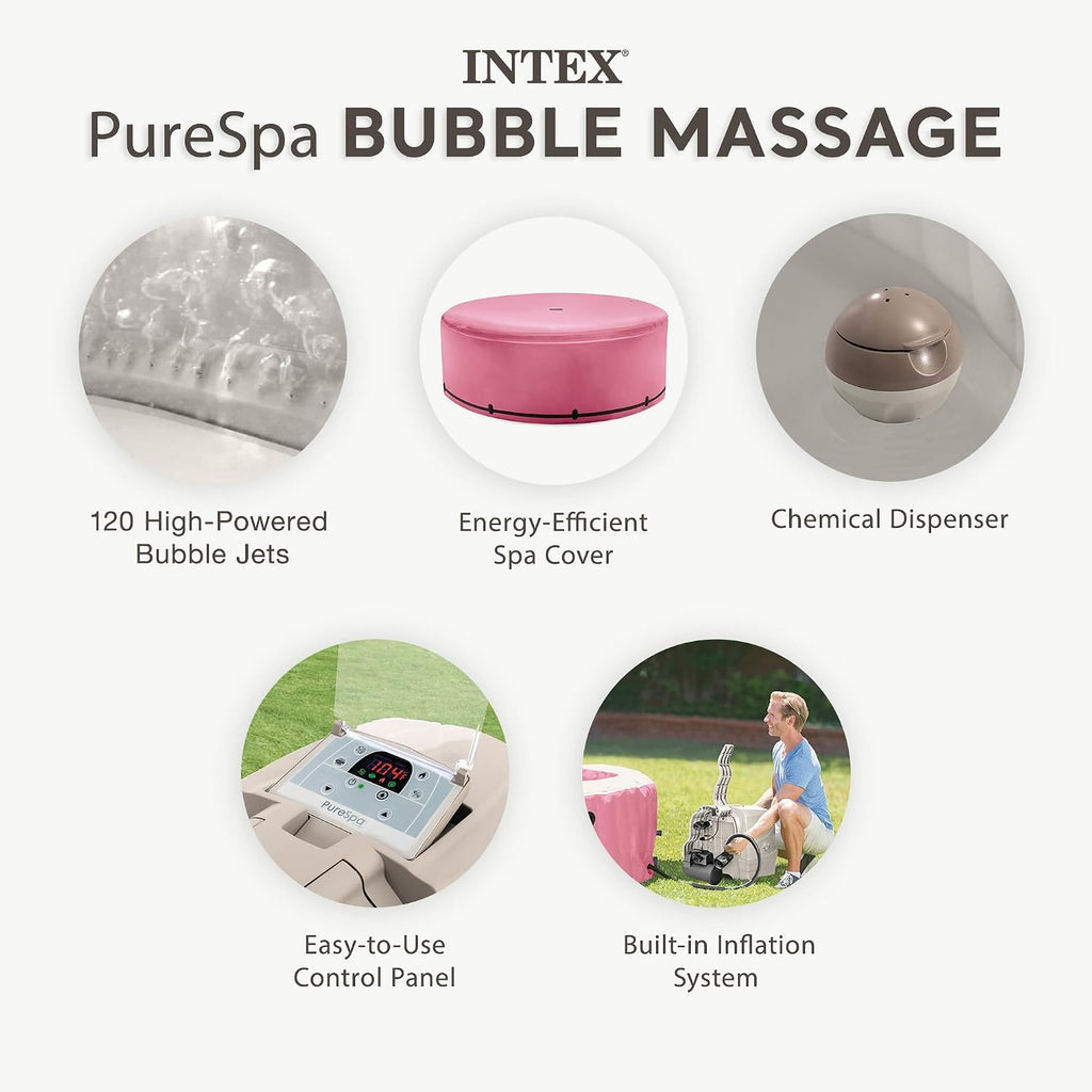 PureSpa 4 Person Inflatable Hot Tub with Energy-Efficient Spa Cover | 28479EH Bubble Massage: Saltwater System