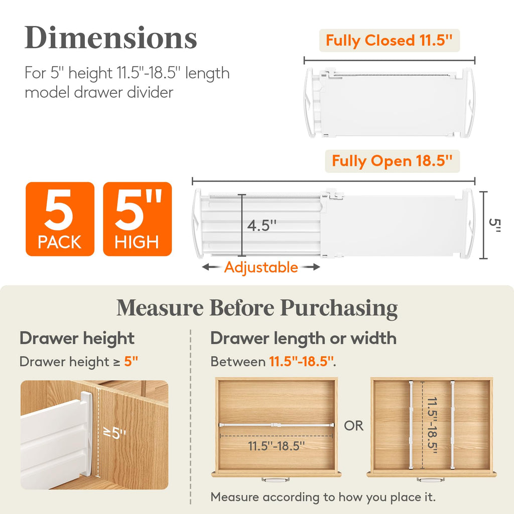 5" Tall Drawer Dividers, Adjustable Deep Drawer Organizer Clothes