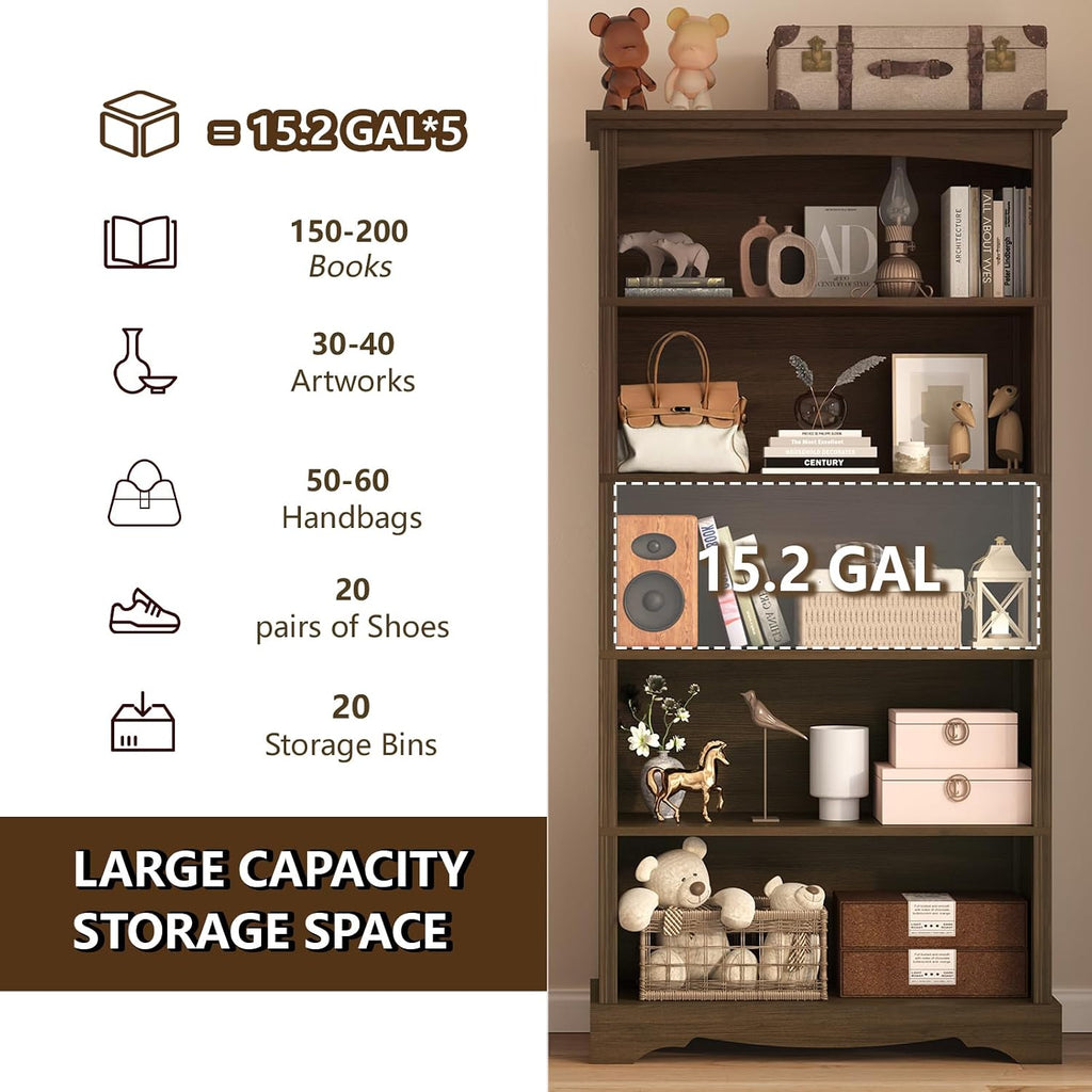 5-Tier Wooden Bookshelf, 31.5" W x 65" H ×9.9" D Bookshelf with Storage