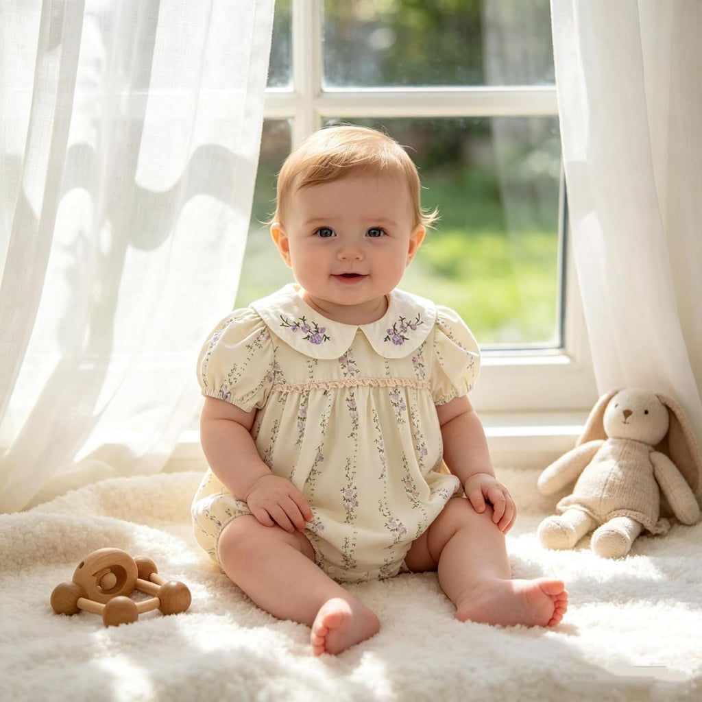 Baby Girl Vintage Floral Romper Embroidered Peter Pan Collar Bubble Short Sleeve Cotton Bodysuit Cute Summer Outfits