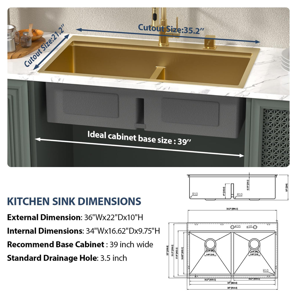 36 Inch Matte Gold Double Bowl Kitchen Sinks