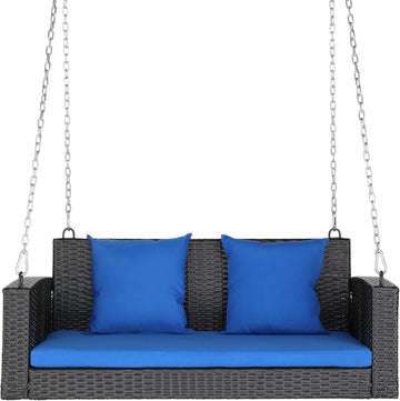 Wicker 2-Person Hanging Porch Swing Outdoor with Blue Cushion | Sturdy hanging bench swing holds up to 800 lbs