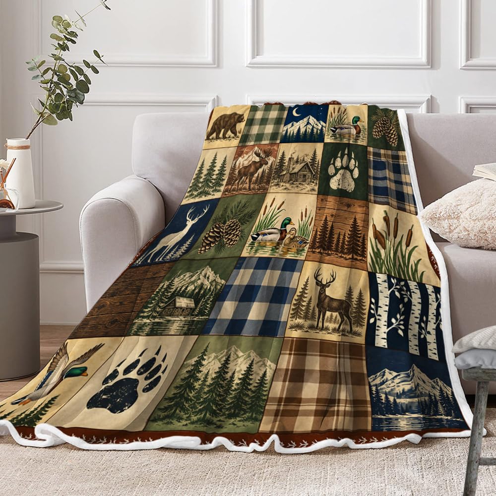 Rustic Cabin Throw Blanket, Bear Deer Duck Plaid Patchwork Lodge Decor