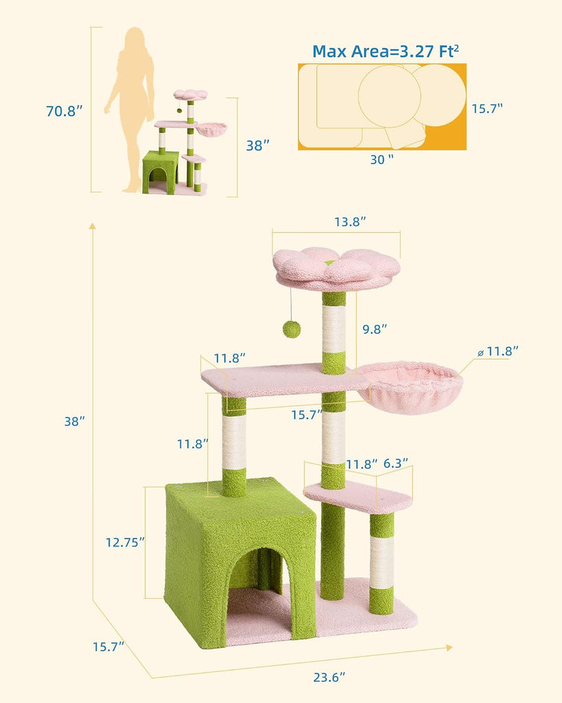 Flower Cat Tree for Indoor Cats, 41.2" Cute Cat Tree for Adult Cats