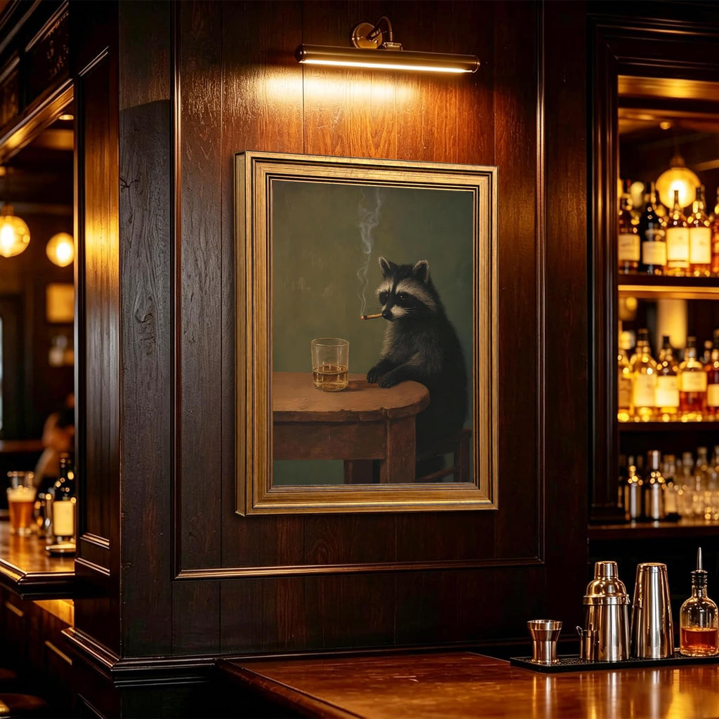 Vintage Gold Framed Whimsical Raccoon Wall Art, Funny Dark Academia Raccoon Pictures Wall Decor, Moody Cool Animal