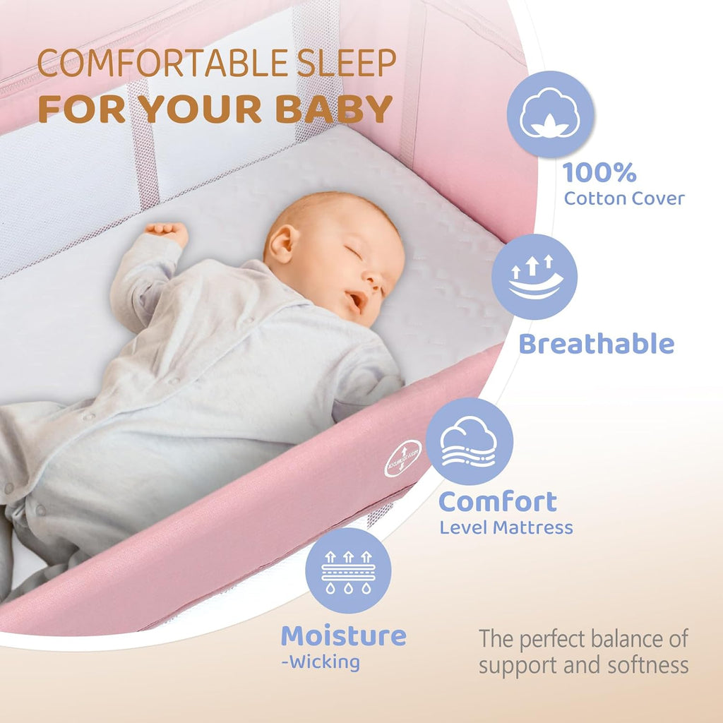 7 in 1 Bedside Bassinet with Changing Table, Baby Girl Bassinet, Pink Bedside Sleeper with Mattress, Sheet, Canopy