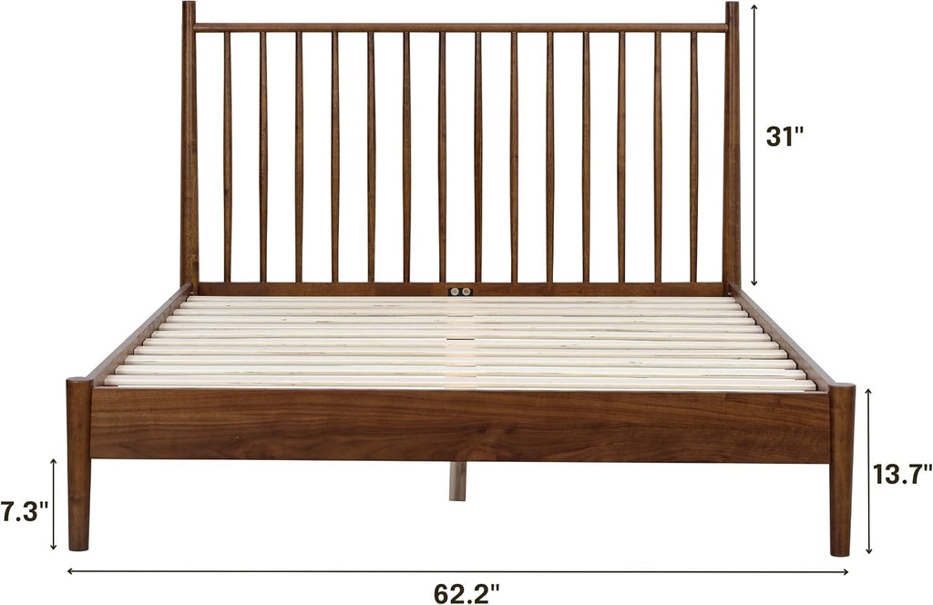 Inno Wooden Bed Frame with Headboard, Solid Oak and Rubber Wood Foundation with Silent Slats and Wood Central