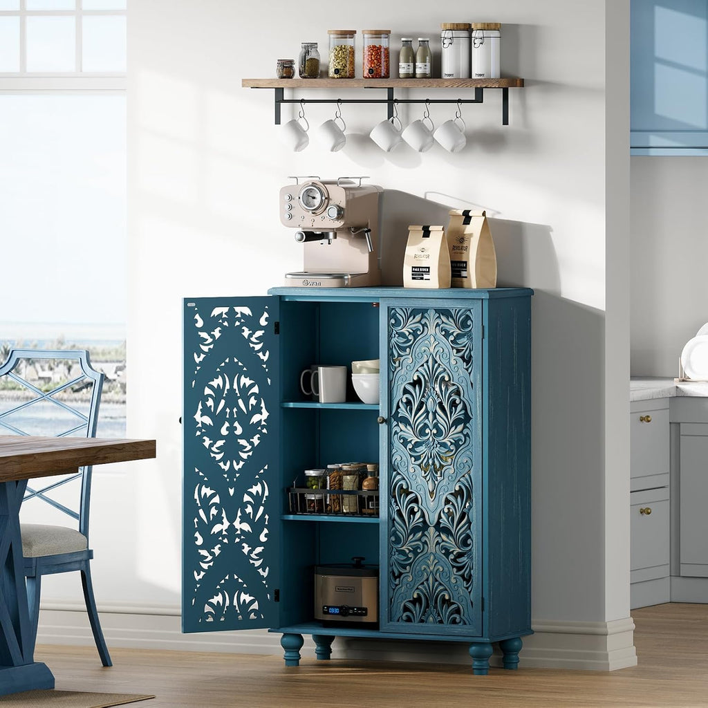 Buffet Sideboard Cabinet with Hand-Carved Doors, 47" Tall Accent Cabinet , Vintage Wood Storage Cabinet with Shelves