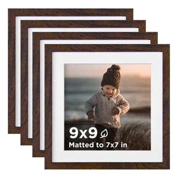 9x9 Frame Brown Set of 4 Wooden Square Photo Frames Matted 7x7