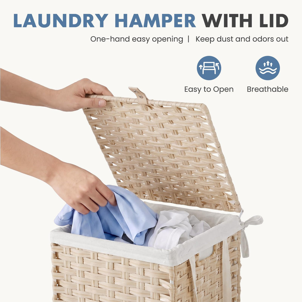 Laundry Basket with Lid, 65L Wicker Laundry Hampers, Summer Sand
