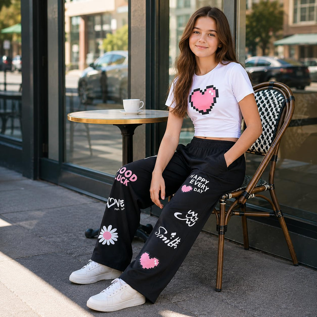 Clothes 2 Piece Cute Pixel Heart-Print Top Graffiti-Print Pants Sets