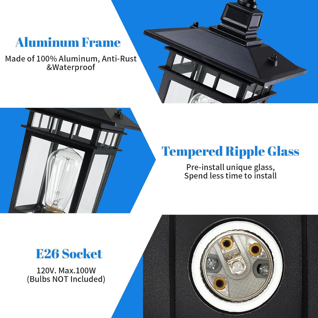 17.6'' Outdoor Post Light 2 Packs, Black Pole Lantern Lighting Fixture Hard Wired