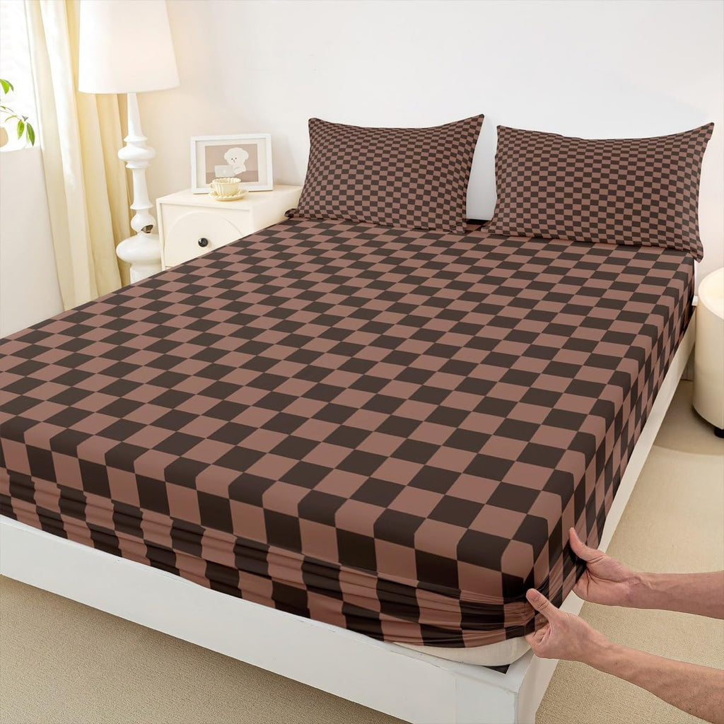 Chocolate Checkerboard Fitted Sheet Set with 2 Pillowcase, Brown Squares Buffalo Checkered Grids Microfiber Mattress
